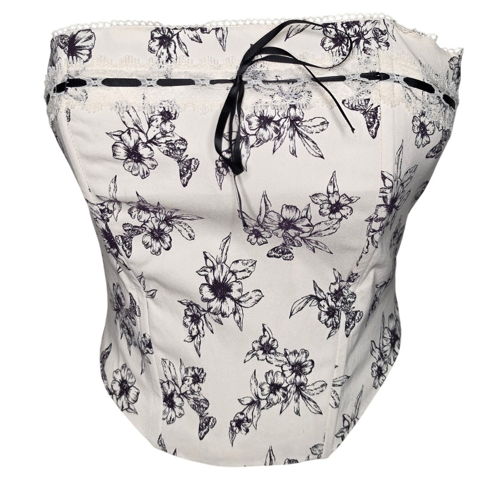 Beverly and Beck Corset Top Womens Medium White Floral Lace Strapless Ribbon Zip